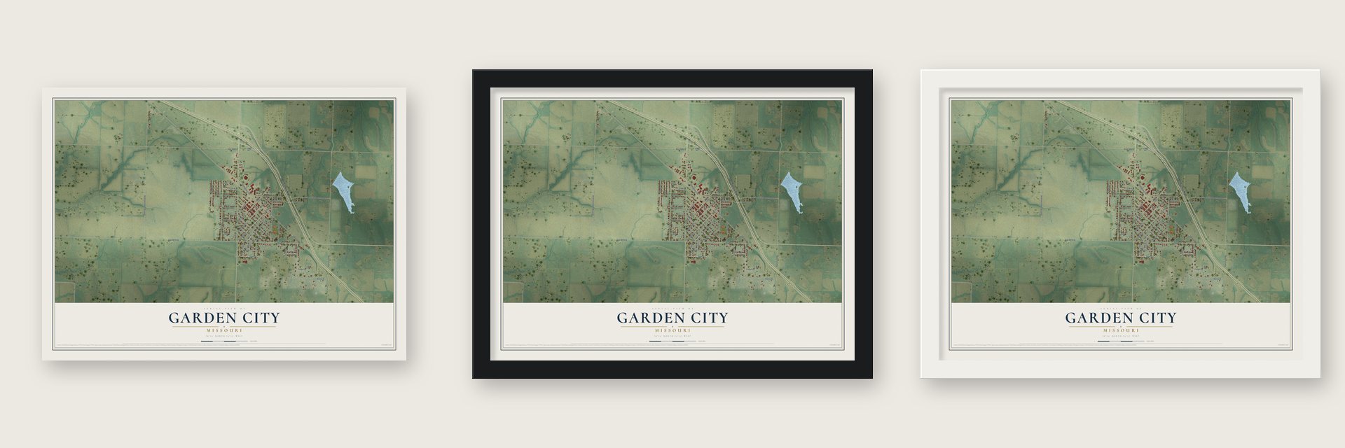 Garden City, Missouri map unframed, in a black wood frame and in a white wood frame
