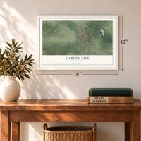 Garden City, Missouri map, 12 x 18 inch print in a white frame in an entryway