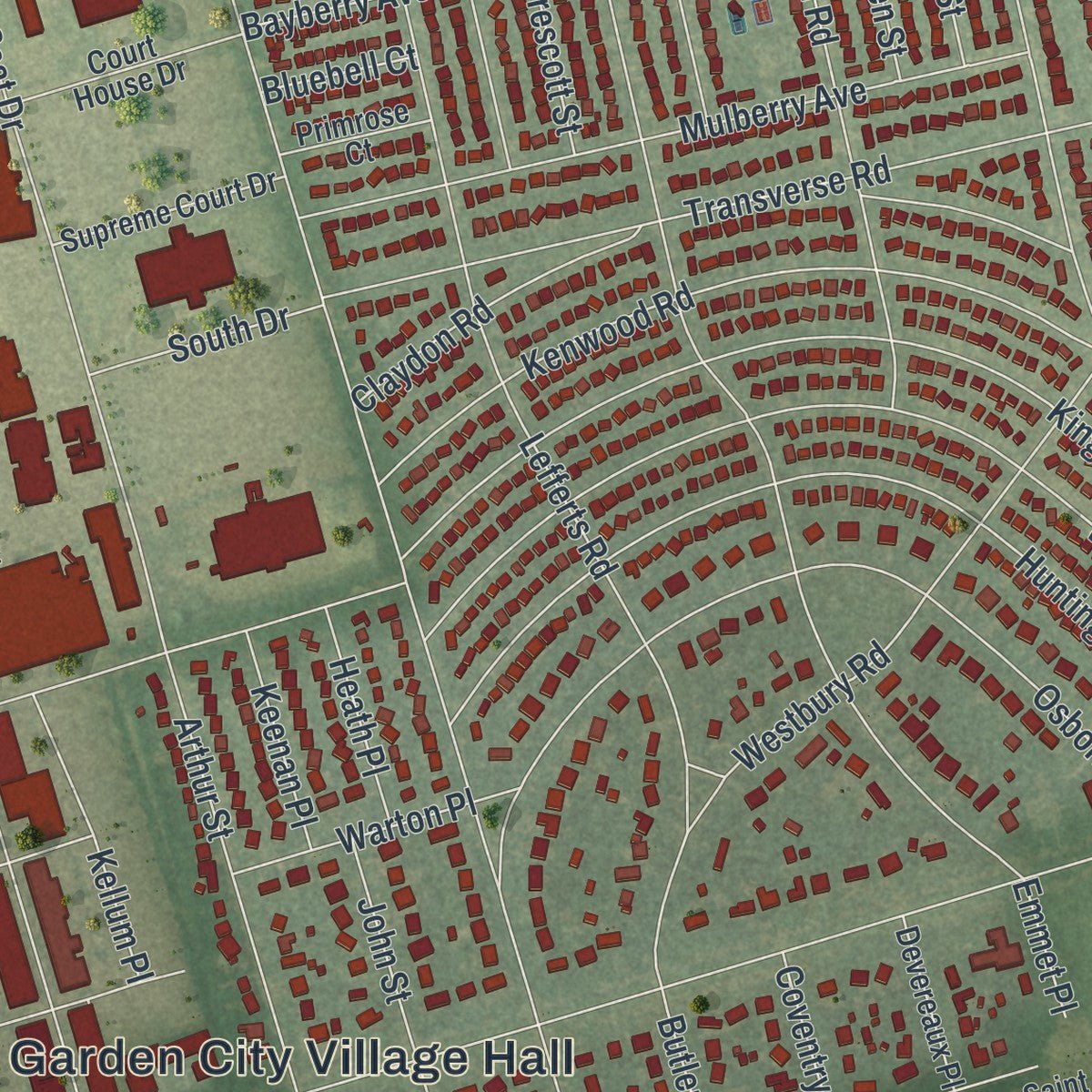 Second close-up of the map of Garden City, New York print showing more streets and buildings