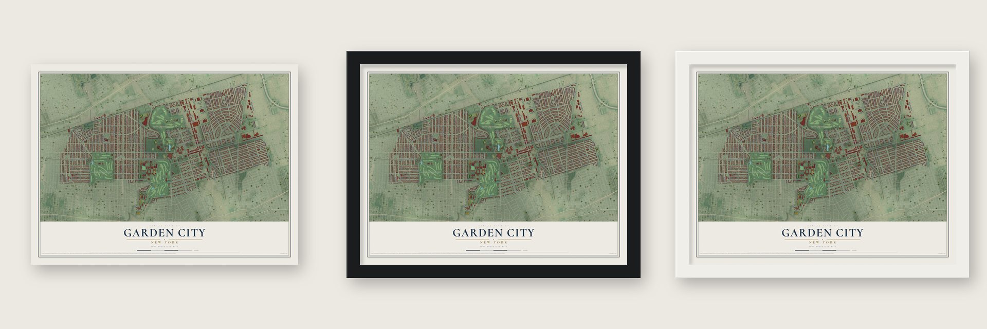 Garden City, New York map unframed, in a black wood frame and in a white wood frame