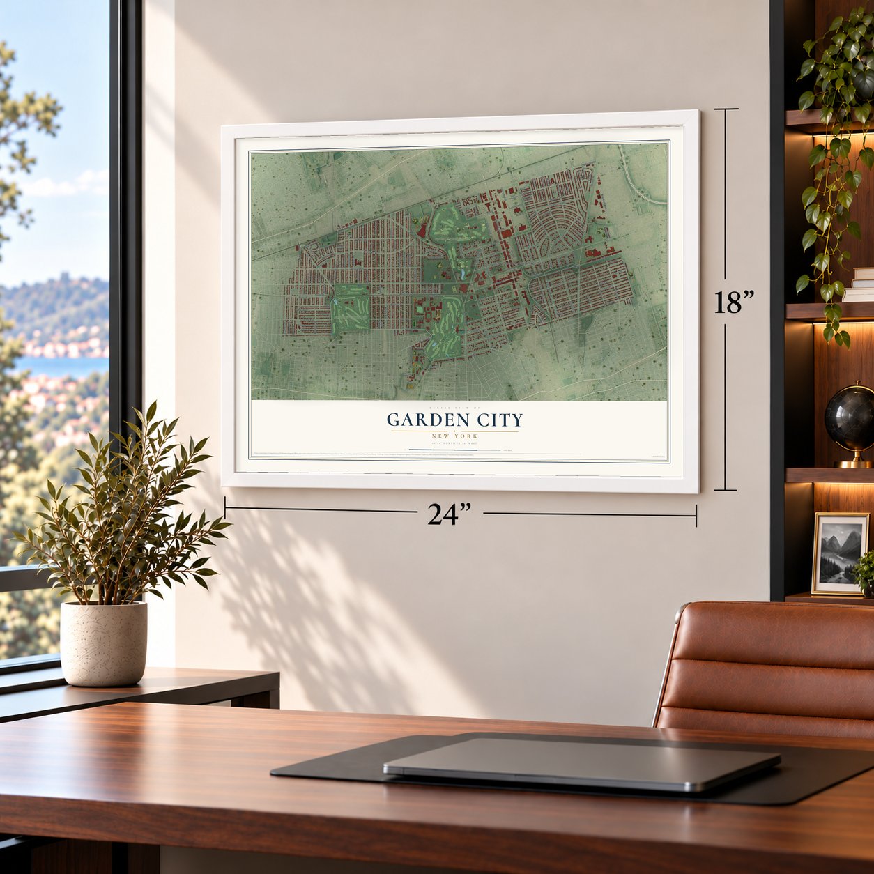 Garden City, New York map, 18 x 24 inch print in a white frame in a home office
