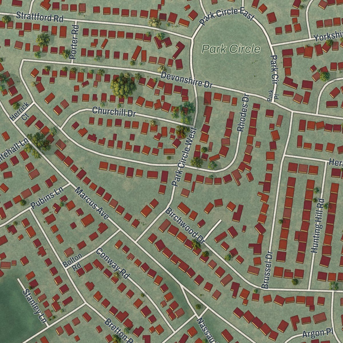 Second close-up of the map of Garden City Park, New York print showing more streets and buildings
