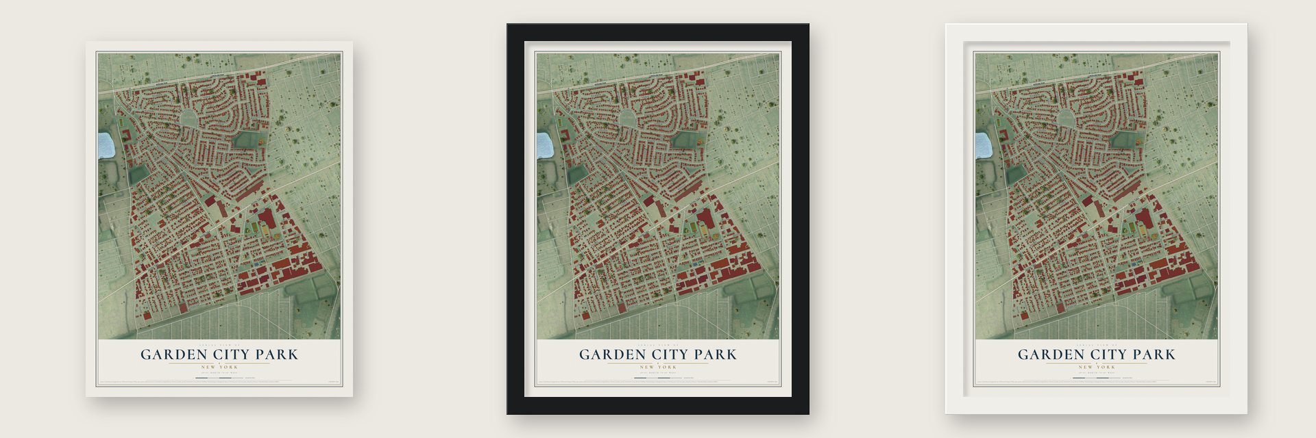 Garden City Park, New York map unframed, in a black wood frame and in a white wood frame