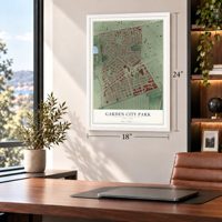 Garden City Park, New York map, 18 x 24 inch print in a white frame in a home office
