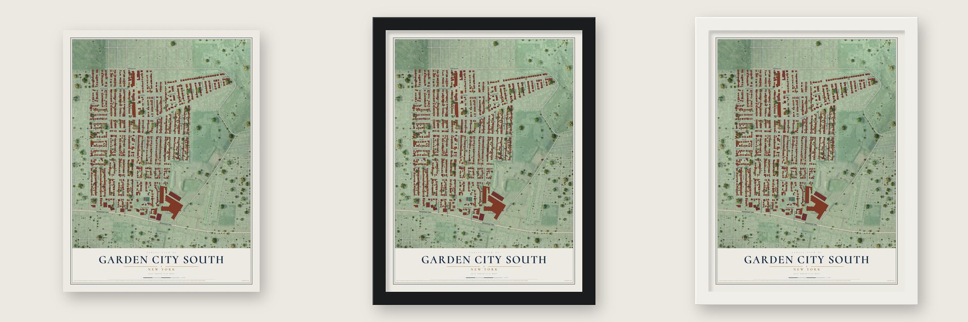 Garden City South, New York map unframed, in a black wood frame and in a white wood frame