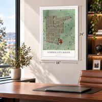Garden City South, New York map, 18 x 24 inch print in a white frame in a home office