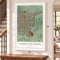 Garden City South, New York map, 24 x 36 inch print in a white frame by a staircase
