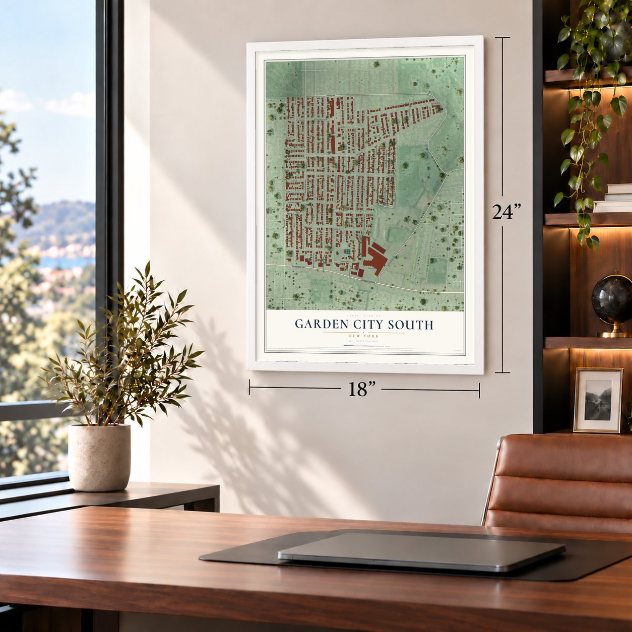 Garden City South, New York map, 18 x 24 inch print in a white frame in a home office