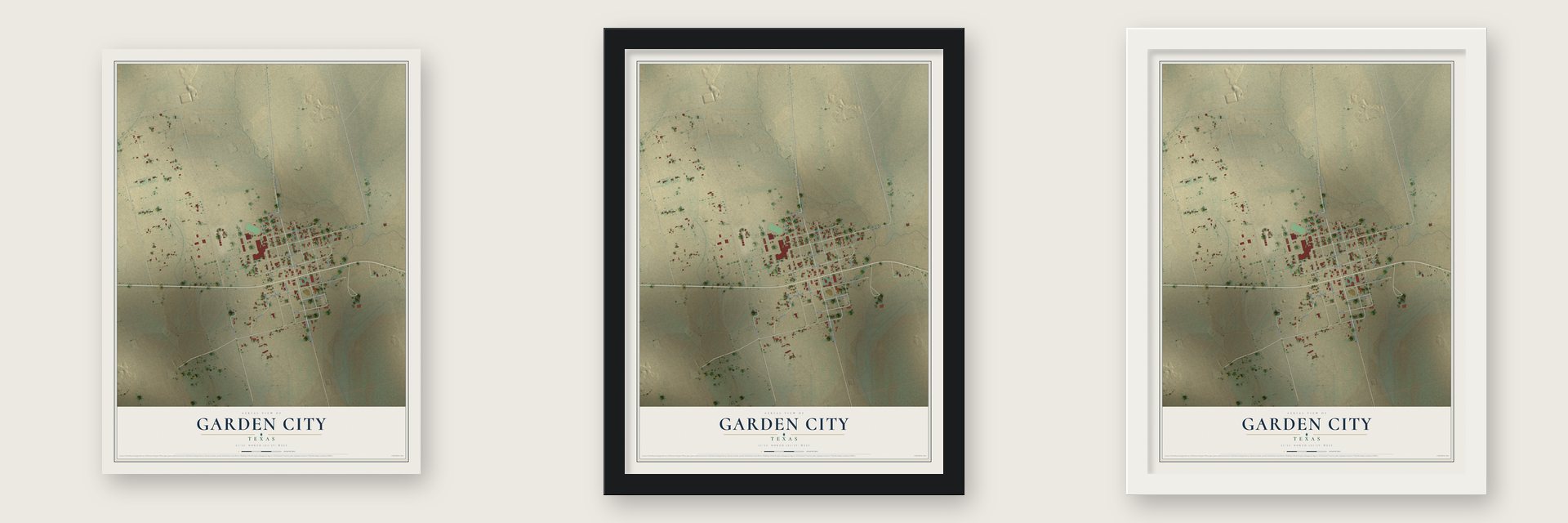 Garden City, Texas map unframed, in a black wood frame and in a white wood frame