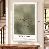 Garden City, Texas map, 24 x 36 inch print in a white frame by a staircase