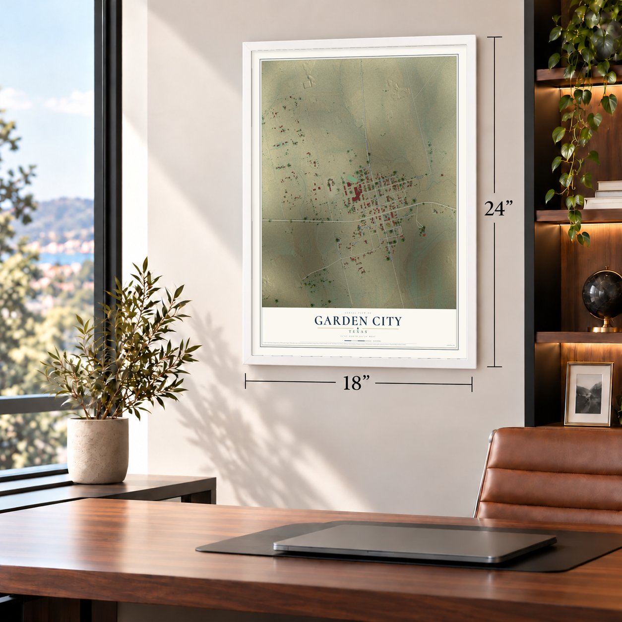 Garden City, Texas map, 18 x 24 inch print in a white frame in a home office