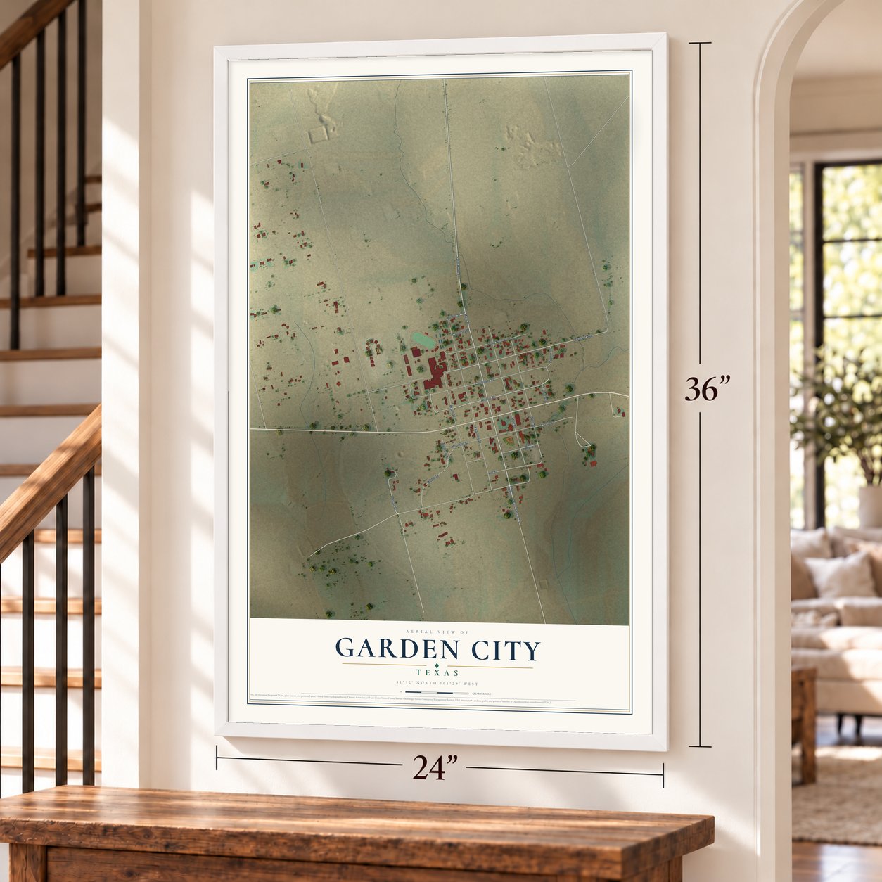 Garden City, Texas map, 24 x 36 inch print in a white frame by a staircase