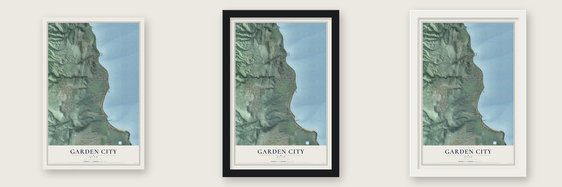 Garden City, Utah map unframed, in a black wood frame and in a white wood frame
