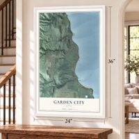 Garden City, Utah map, 24 x 36 inch print in a white frame by a staircase