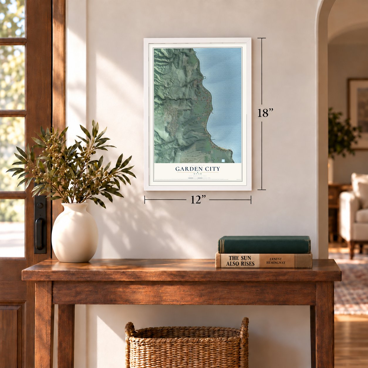 Garden City, Utah map, 12 x 18 inch print in a white frame in an entryway