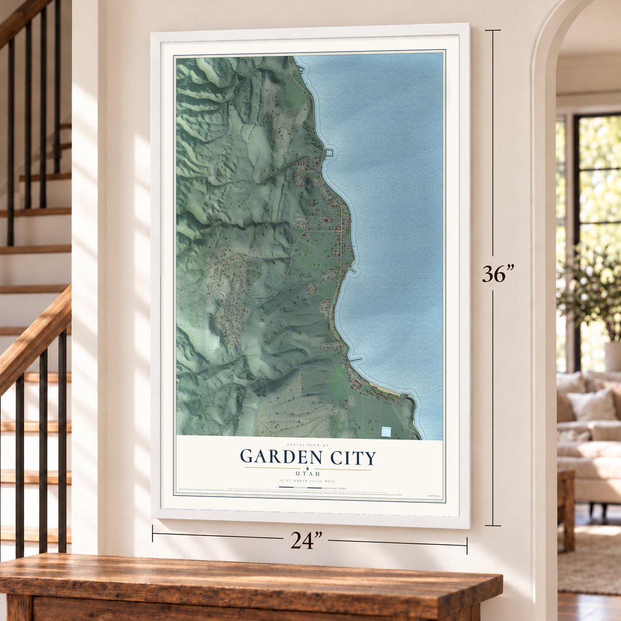 Garden City, Utah map, 24 x 36 inch print in a white frame by a staircase