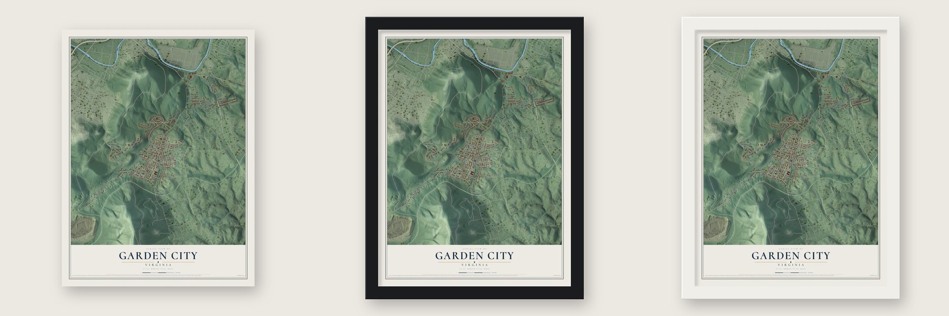 Garden City, Virginia map unframed, in a black wood frame and in a white wood frame