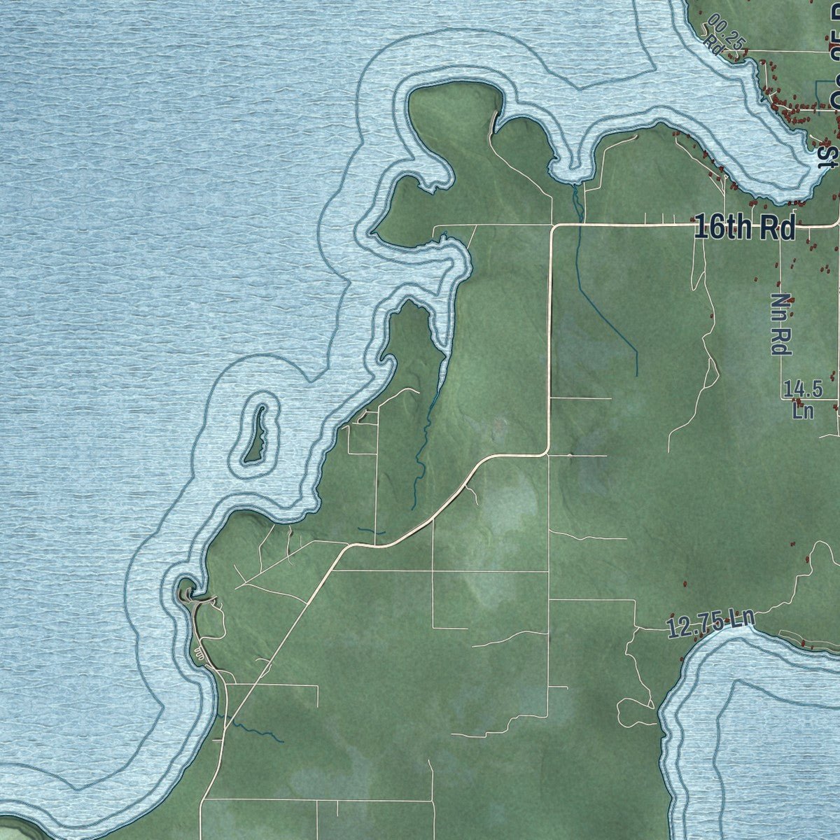 Second close-up of the map of Garden, Delta County, Michigan print showing more streets and buildings