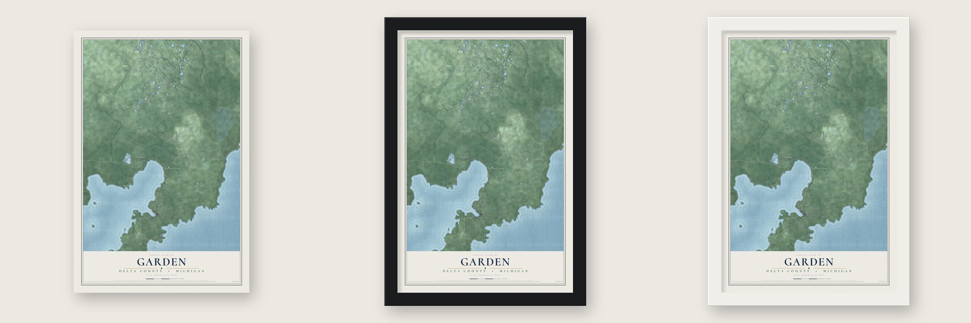 Garden, Delta County, Michigan map unframed, in a black wood frame and in a white wood frame
