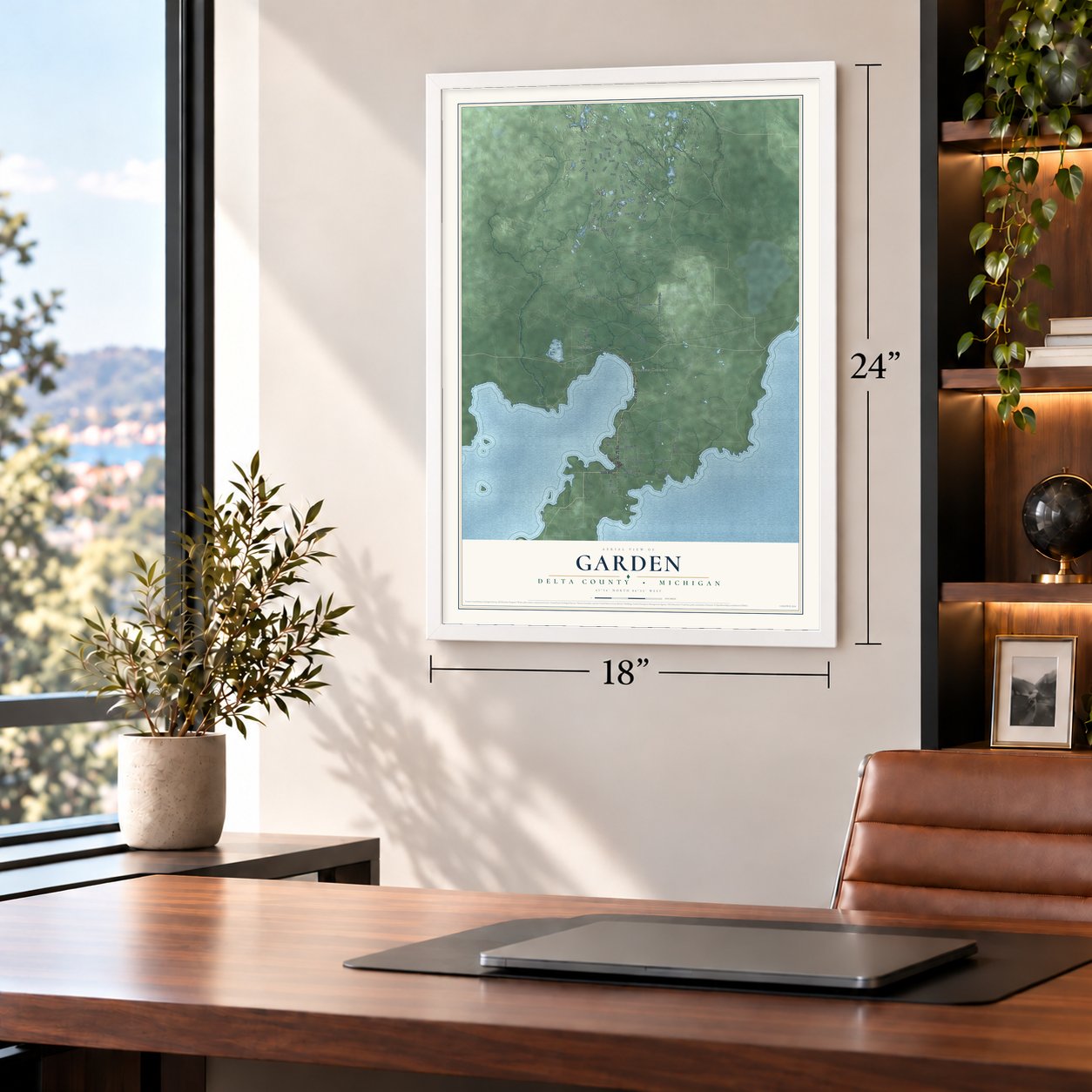 Garden, Delta County, Michigan map, 18 x 24 inch print in a white frame in a home office