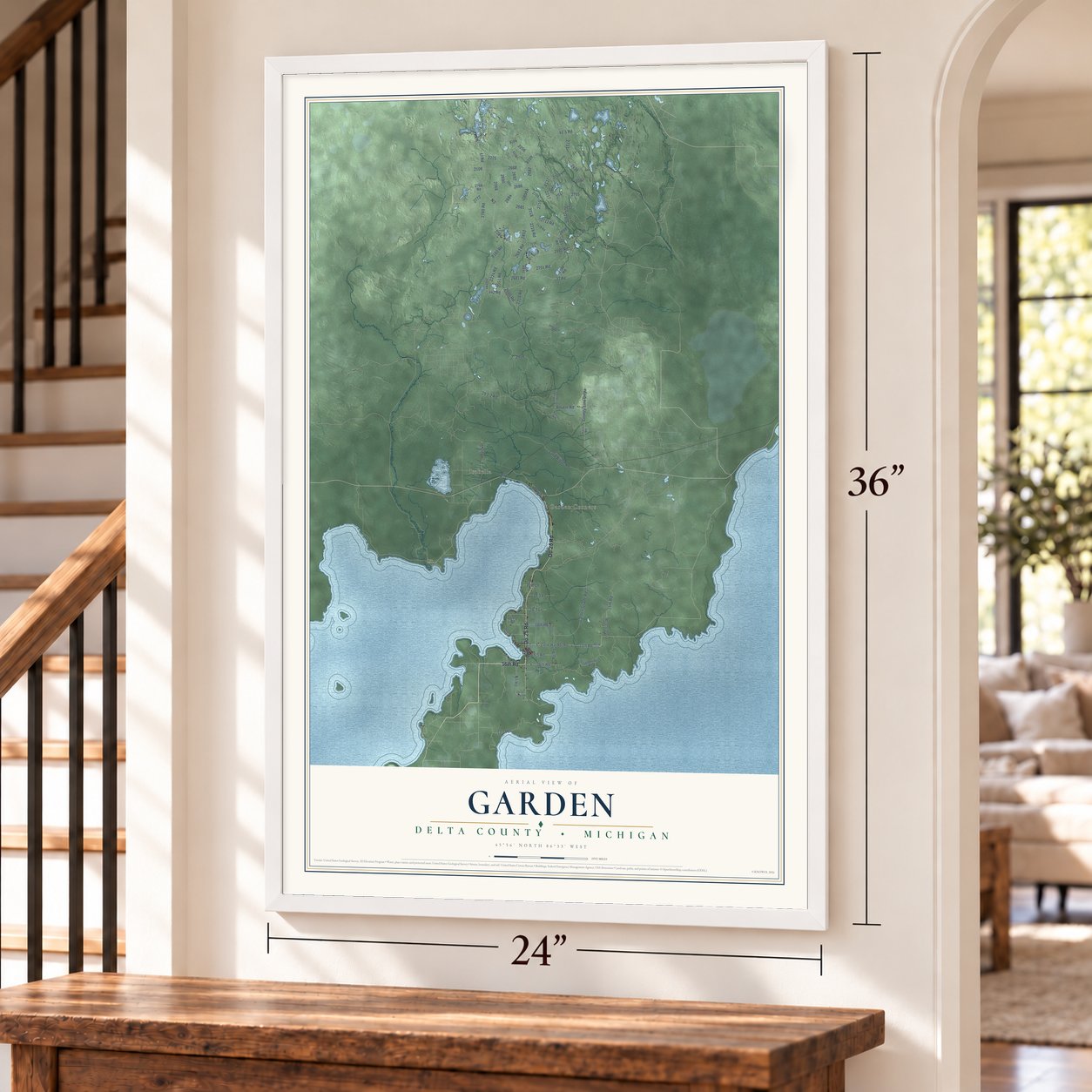 Garden, Delta County, Michigan map, 24 x 36 inch print in a white frame by a staircase