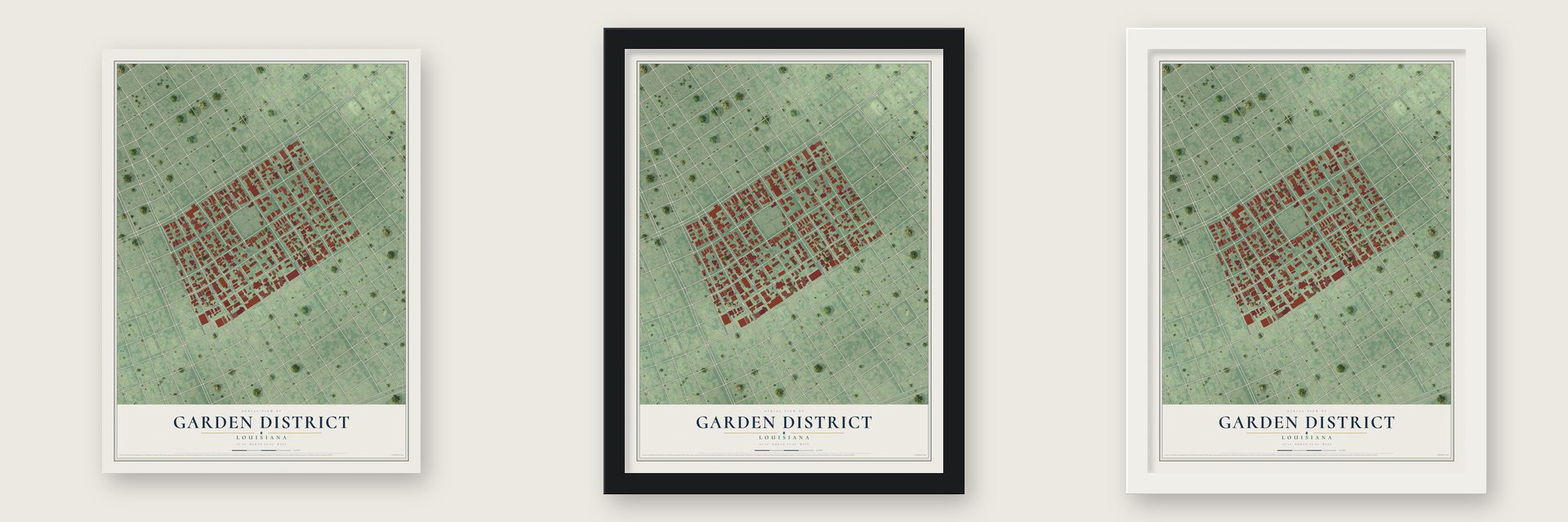 Garden District, Louisiana map unframed, in a black wood frame and in a white wood frame