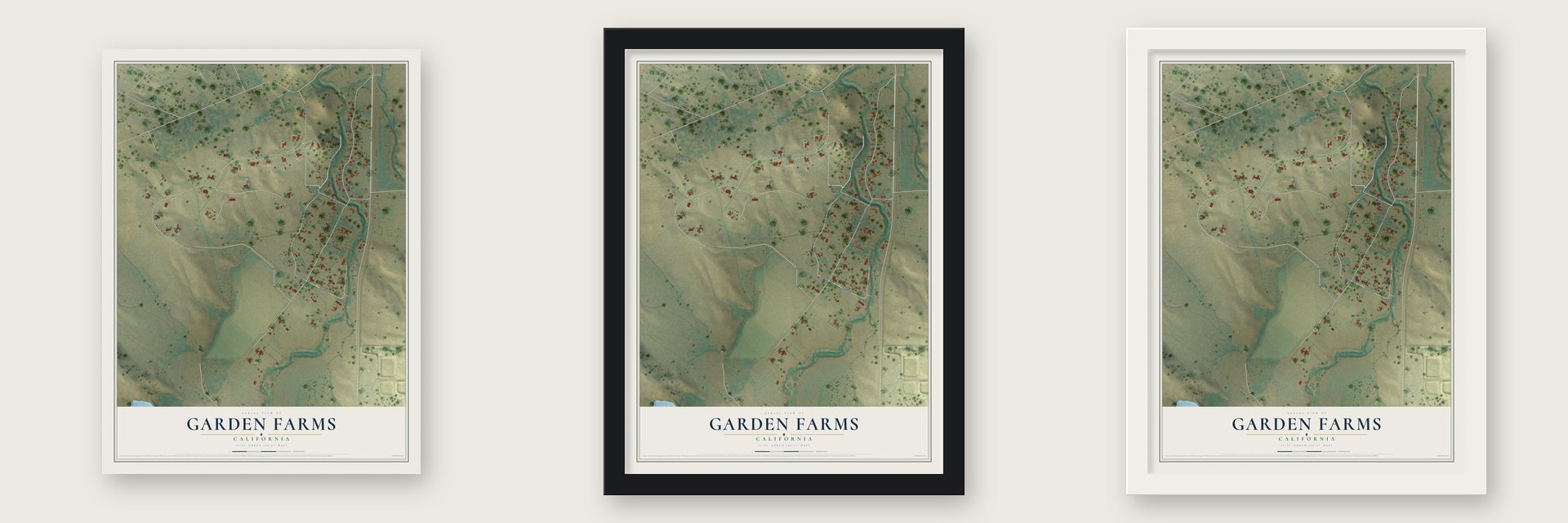 Garden Farms, California map unframed, in a black wood frame and in a white wood frame