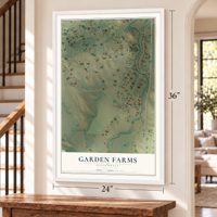 Garden Farms, California map, 24 x 36 inch print in a white frame by a staircase