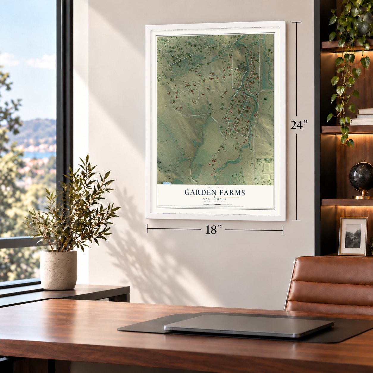 Garden Farms, California map, 18 x 24 inch print in a white frame in a home office