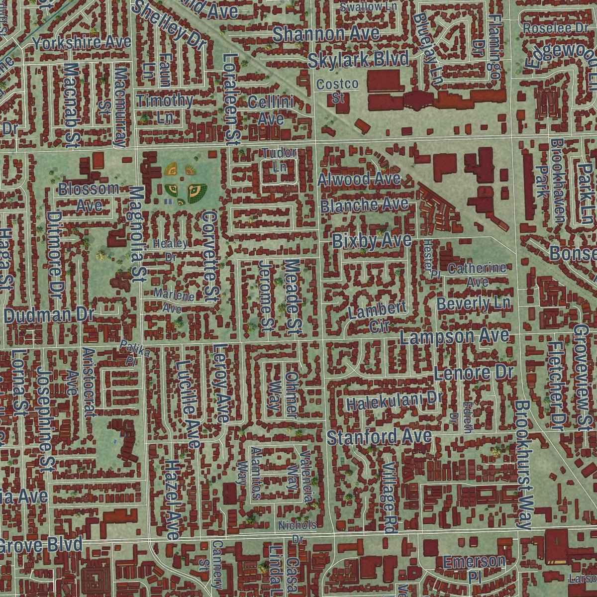 Second close-up of the map of Garden Grove, California print showing more streets and buildings