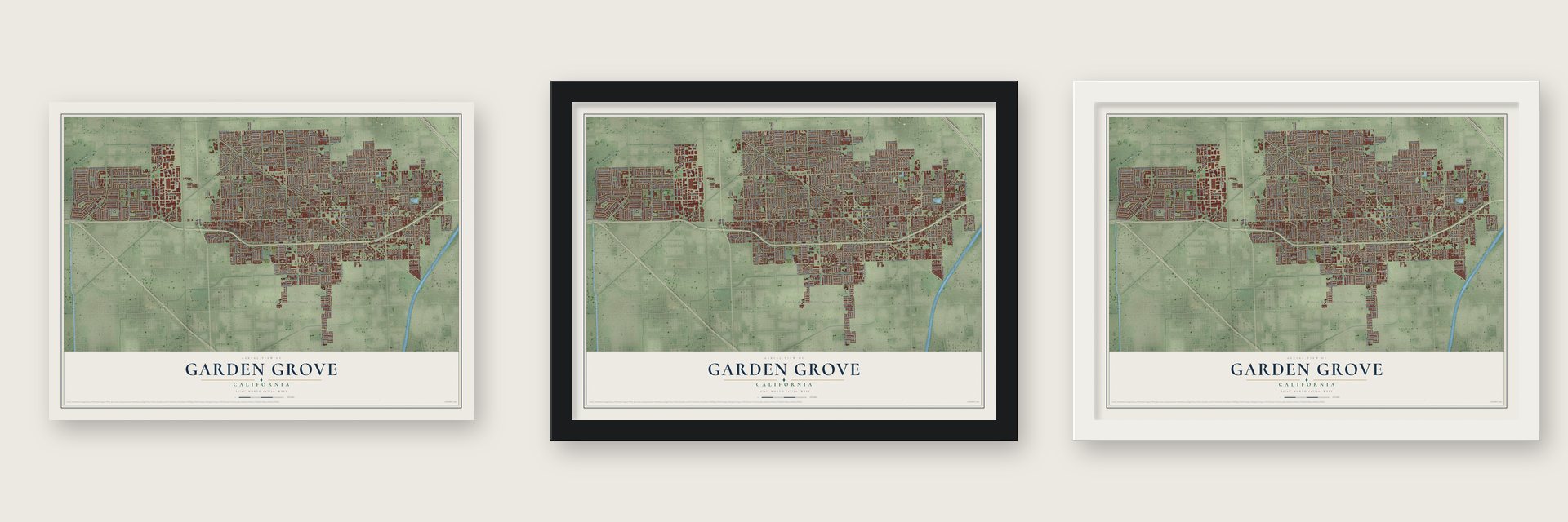Garden Grove, California map unframed, in a black wood frame and in a white wood frame