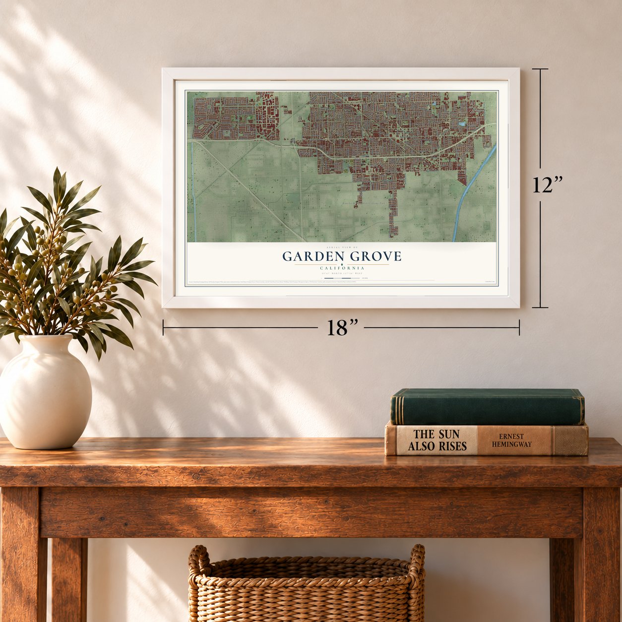 Garden Grove, California map, 12 x 18 inch print in a white frame in an entryway