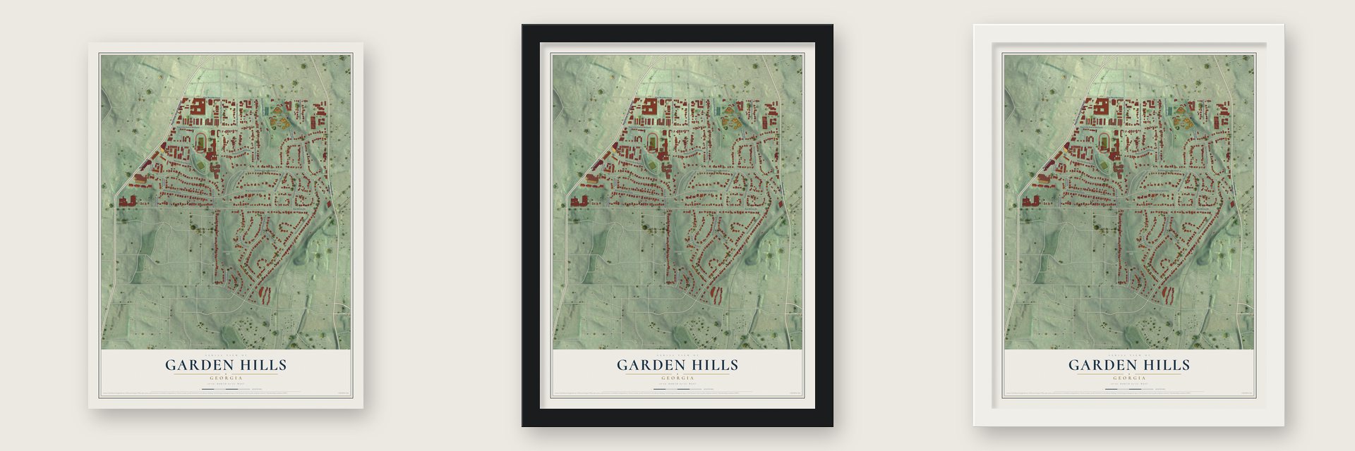 Garden Hills, Georgia map unframed, in a black wood frame and in a white wood frame