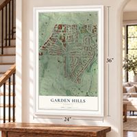 Garden Hills, Georgia map, 24 x 36 inch print in a white frame by a staircase