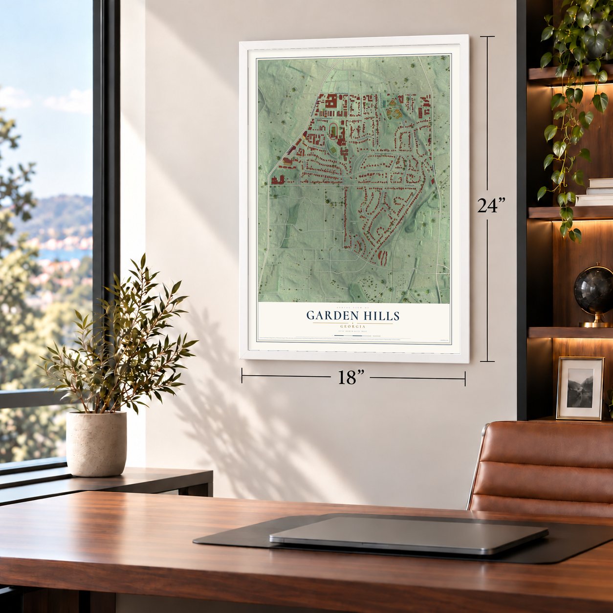 Garden Hills, Georgia map, 18 x 24 inch print in a white frame in a home office
