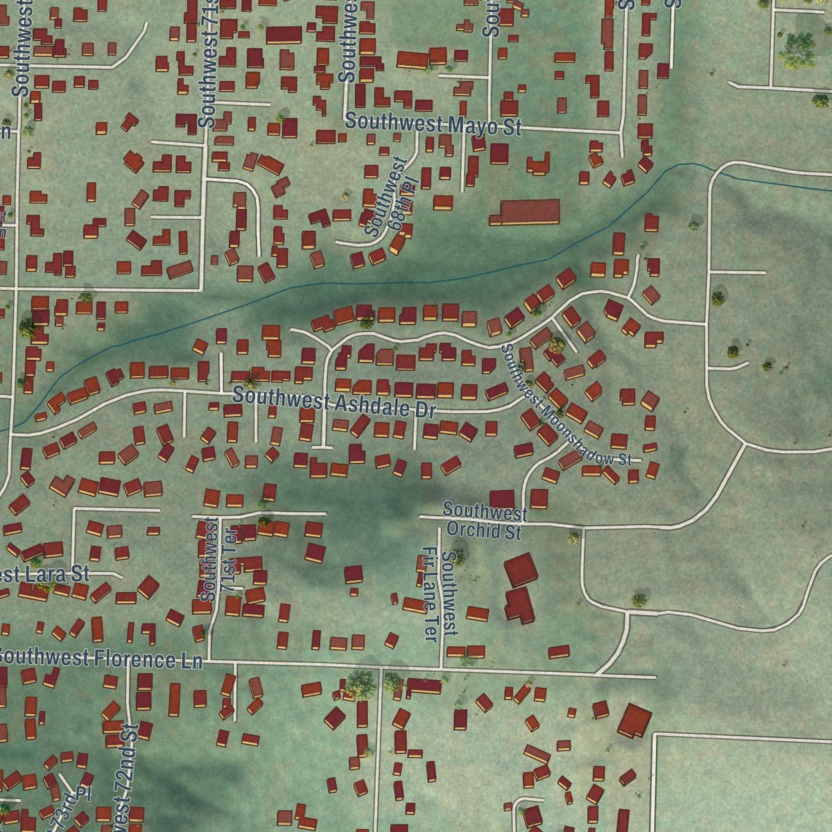 Second close-up of the map of Garden Home-Whitford, Oregon print showing more streets and buildings