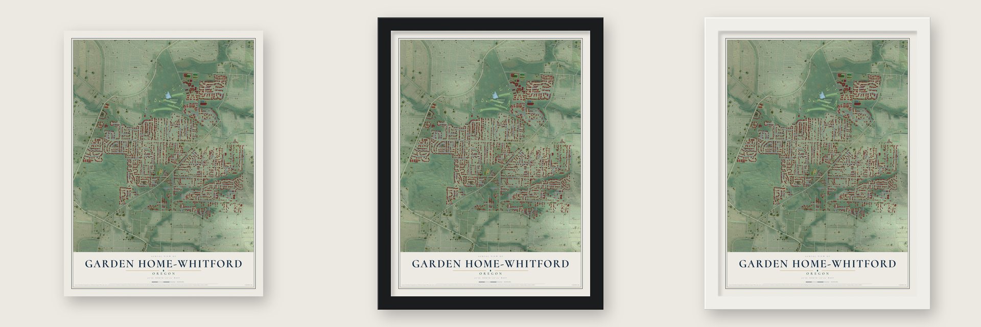 Garden Home-Whitford, Oregon map unframed, in a black wood frame and in a white wood frame