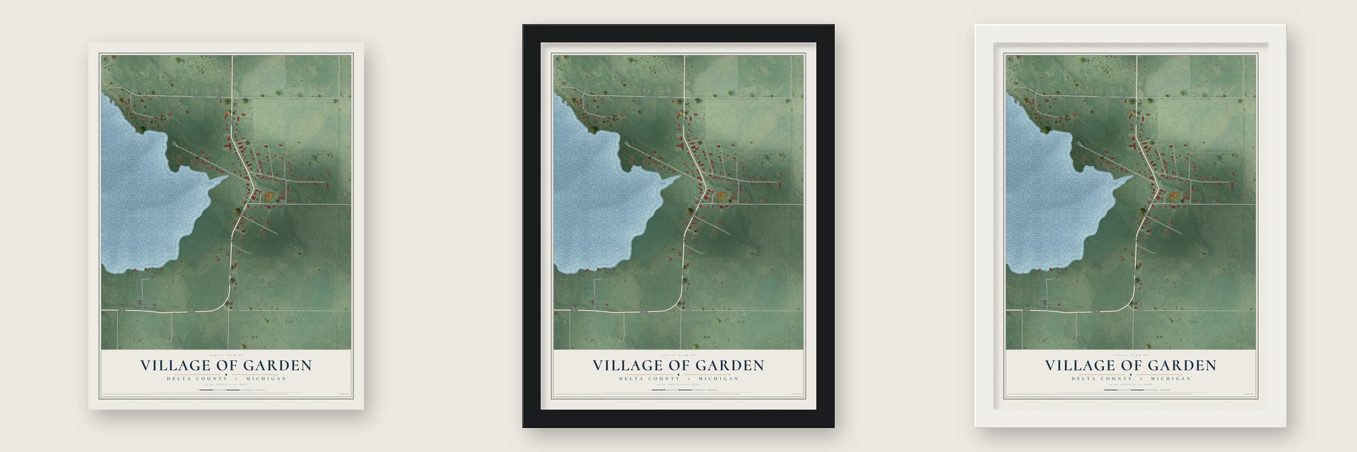 Garden, Michigan map unframed, in a black wood frame and in a white wood frame