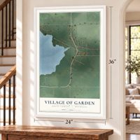Garden, Michigan map, 24 x 36 inch print in a white frame by a staircase