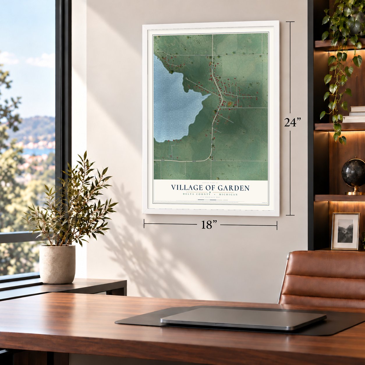 Garden, Michigan map, 18 x 24 inch print in a white frame in a home office