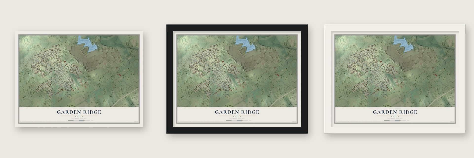 Garden Ridge, Texas map unframed, in a black wood frame and in a white wood frame