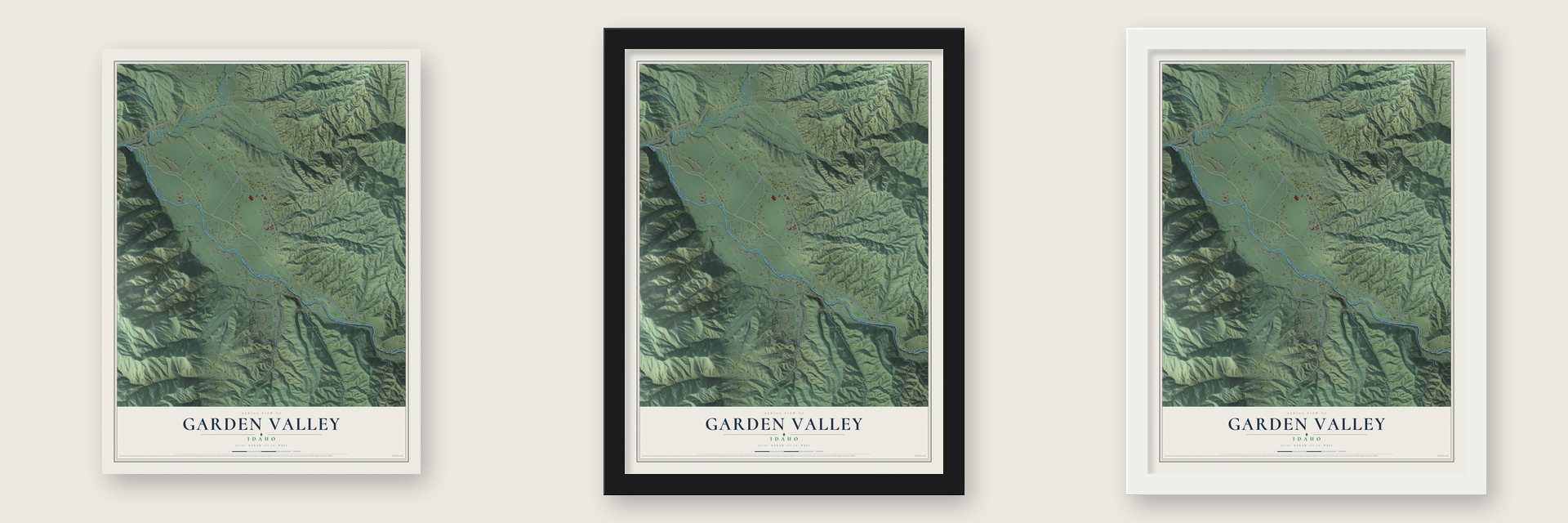 Garden Valley, Idaho map unframed, in a black wood frame and in a white wood frame