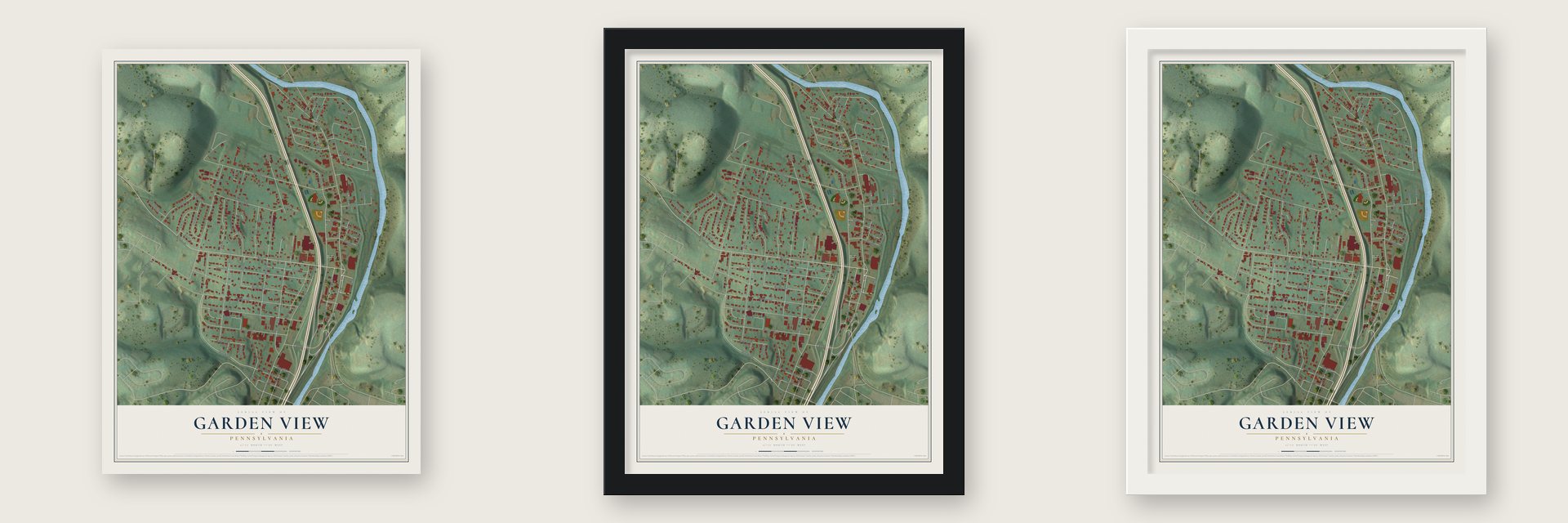 Garden View, Pennsylvania map unframed, in a black wood frame and in a white wood frame