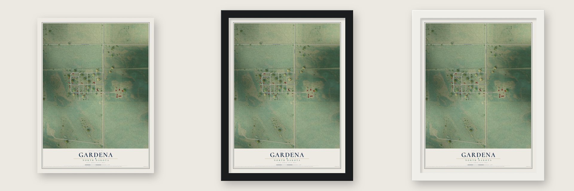 Gardena, North Dakota map unframed, in a black wood frame and in a white wood frame