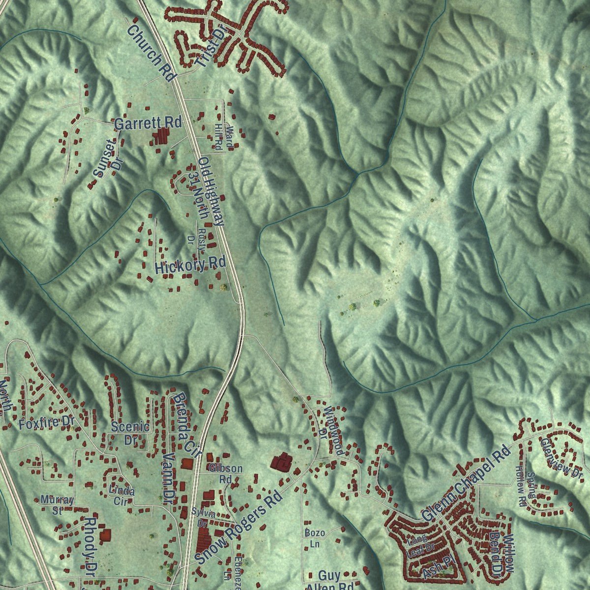 Second close-up of the map of Gardendale, Alabama print showing more streets and buildings
