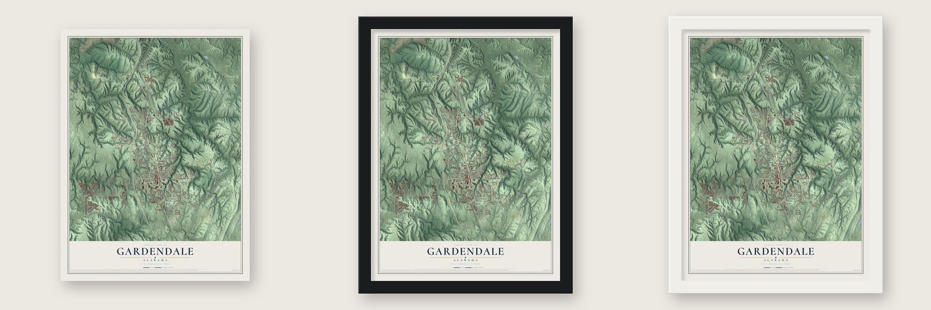 Gardendale, Alabama map unframed, in a black wood frame and in a white wood frame
