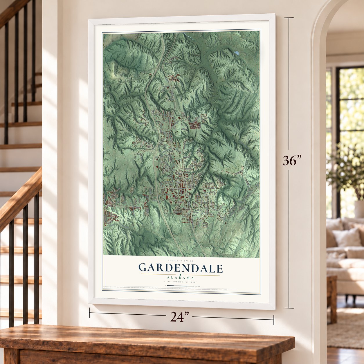 Gardendale, Alabama map, 24 x 36 inch print in a white frame by a staircase