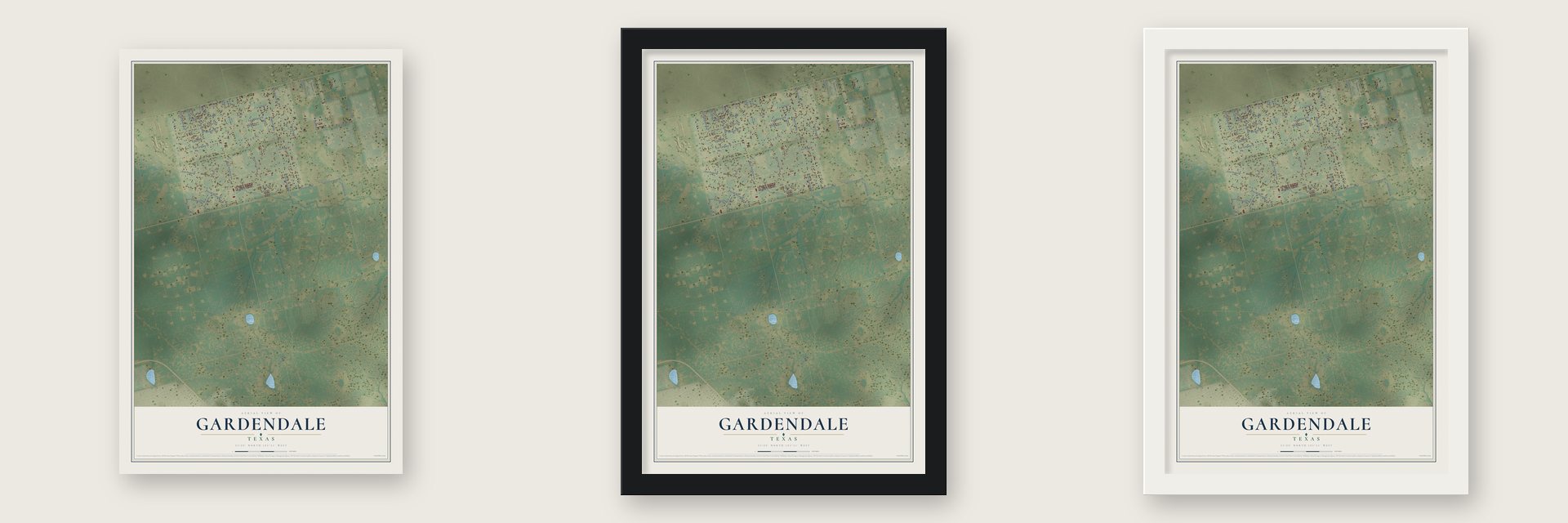 Gardendale, Texas map unframed, in a black wood frame and in a white wood frame