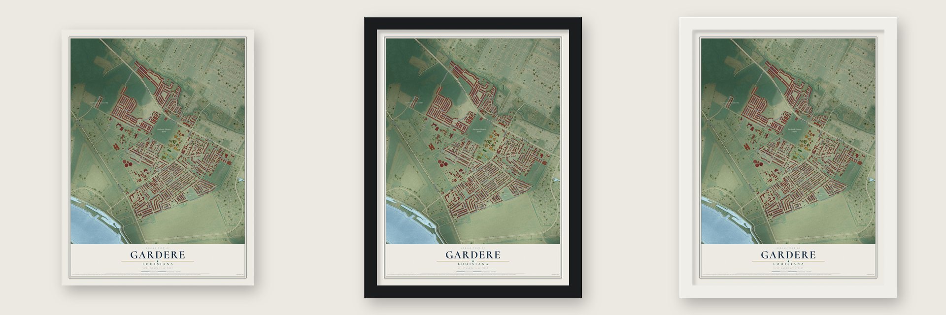 Gardere, Louisiana map unframed, in a black wood frame and in a white wood frame
