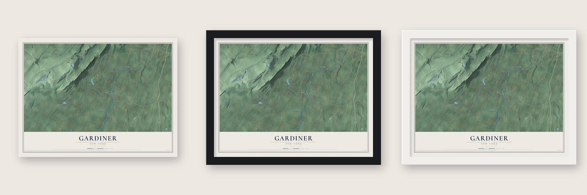Gardiner, New York map unframed, in a black wood frame and in a white wood frame